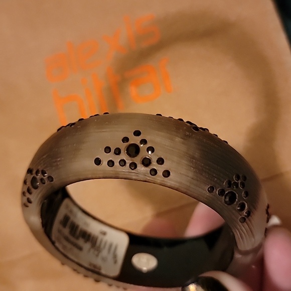 Alexis Bittar Rose Gold Lucite Hinged Bangle Bracelet Black Rhinestones - Picture 2 of 7